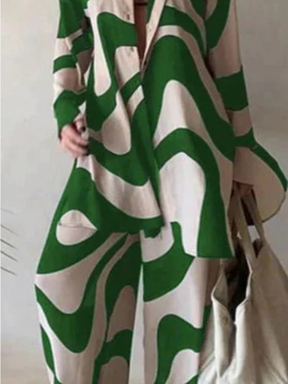 Green & Cream Abstract Wide-Leg Pants Set